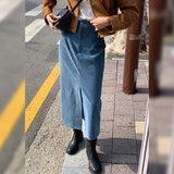 Corduroy skirt women's autumn and winter high waist hip skirt medium and long split one-step skirt strip velvet loose straight skirt
