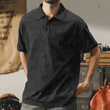 KKBOXLY 2025 Across the summer new men's washed lapel button T-shirt heavy oversize retro brown casual short sleeves