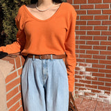 Spring casual design U-neck snake bone pattern T-shirt niche unique thin front shoulder wear temperament top women