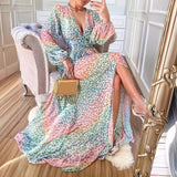 New summer new  women's clothing deep V split color leopard print casual dress, long dress