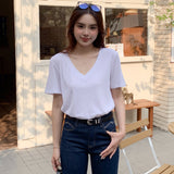 Deep v-neck design T-shirt summer solid color top fashion women's clothing bamboo cotton pullover short sleeve loose casual T-shirt