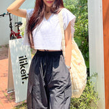 Summer cotton casual T-shirt women's new splicing V-neck shoulder sleeves loose casual versatile short blouse top