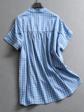 Contrasting color plaid loose silhouette lazy stand-up collar pure cotton shoulder sleeves  summer new versatile blouse X099