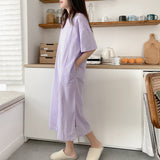 Solid color cotton simple macaron color home nightdress spring new soft and skin-friendly can be worn outside round neck long dress