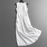Solid color pinch pleated round neck wrinkled waist thin vest skirt summer new temperament commuter women's dress dress X057