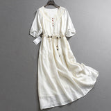 Solid color hollow lace V-neck lace-up elastic waist slim five-quarter sleeve  summer new women's dress dress Z599