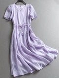 Light purple lace-up waist gentle and good-looking  summer new bubble sleeve temperament women's dress dress C331