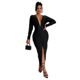 2025 C7118     fashion women's clothing slim-fitting v-neck split-ended solid color dress new