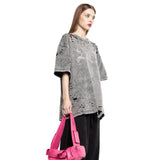 2025 street style design feeling hot diamond metal buckle hole old T-shirt loose versatile trendy brand five-quarter sleeve top