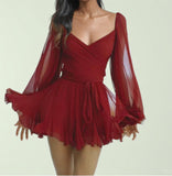 2025 women's dress Sexy Spice Girl Hollow Lantern Sleeve V-Neck Off-Shoulder Dress Women 661