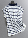 Cherry embroidery contrasting stripes ice thin thin summer age reduction POLO collar women's short-sleeved knitted sweater C072