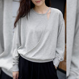 Niche design sense hollow cross top  spring women's fashion versatile round neck long sleeve pure cotton sweater