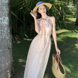 2025 neck straps Elegant sleeveless seaside vacation skirt Shoulder floral seaside romantic dress Long dress