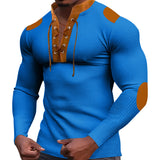 KKBOXLY 2025 foreign trade cross-border autumn new men's waffle color matching strap V-neck top casual long-sleeved bottoming T-shirt