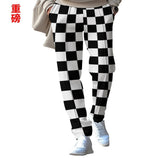 KKBOXLY 2025 men's clothing fashion casual plaid printed trousers loose and tight rope heavy straight trousers spot