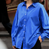 Klein blue cotton shirt women's  spring and summer loose casual cardigan top Korean version lapel long-sleeved shirt