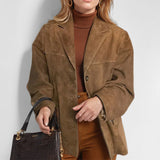 2025 spring new  women's clothing temperament retro style brown loose pocket suede long-sleeved blazer women