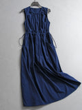 Solid color pinch pleated round neck wrinkled waist thin vest skirt summer new temperament commuter women's dress dress X057