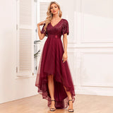 2025elegant V-neck ruffle edge short-sleeved dress fluffy tulle ball irregular front short rear long skirt