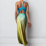 2025 New women's clothing  new  satin feeling slanted shoulder backless sexy tie-dye gradual change dress women