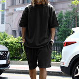 KKBOXLY 2025 popular  knitted rough edge casual men's suit loose short-sleeved men's T spring and summer shorts solid color men's clothing