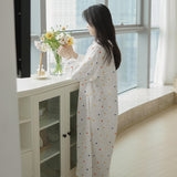 Korean new gentle tea break floral color dot pure cotton gauze nightdress skin-friendly soft and comfortable crepe long-sleeved skirt