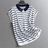 Cherry embroidery contrasting stripes ice thin thin summer age reduction POLO collar women's short-sleeved knitted sweater C072