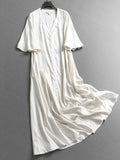 Solid color loose pleated thin cotton and linen long dress summer new temperament V-neck short-sleeved shirt dress dress X829