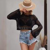 2025 New spring and summer, 's new  knitted sweaters, flared sleeves, loose Popular trade round neck hollow sweater women
