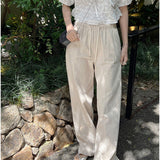 High-waisted drawstring elastic-waisted cotton and linen floor-mopping trousers  spring new casual breathable and thin niche wide-leg trousers
