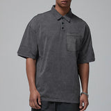 KKBOXLY 2025 popular summer new lapel button T-shirt men's retro washed heavy short-sleeved loose casual top men's