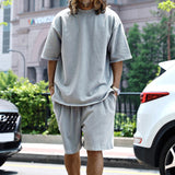 KKBOXLY 2025 popular  knitted rough edge casual men's suit loose short-sleeved men's T spring and summer shorts solid color men's clothing