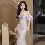 2025 One-word shoulder evening dress  new light luxury socialites annual meeting waist fishtail skirt host high-end dress skirt