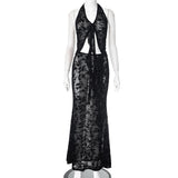 2025 G24ST363   Spice Girl Vacation Wind Sexy Perspective Deep Neck Suspender Hollow Long Ribbon Suit Female