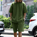 KKBOXLY 2025 popular  knitted rough edge casual men's suit loose short-sleeved men's T spring and summer shorts solid color men's clothing