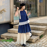Small fresh blue plaid splicing straps neck vest cake skirt two-piece set women's suspender top C0217