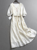 Solid color hollow lace V-neck lace-up elastic waist slim five-quarter sleeve  summer new women's dress dress Z599