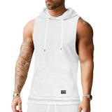 KKBOXLY 2025 New 2025 men's casual European size summer knitted texture hoodie sleeveless T-shirt pouch drawstring back