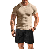 KKBOXLY 2025 Men's summer suit, breathable, men's casual lapel solid color T-shirt versatile casual single-breasted short-sleeved men's