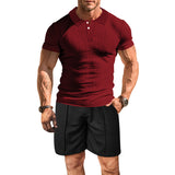 KKBOXLY 2025 Men's summer suit, breathable, men's casual lapel solid color T-shirt versatile casual single-breasted short-sleeved men's