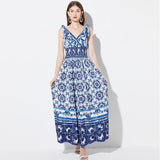 Summer New Women's Clothing Blue and White Porcelain Positioning Printing Elastic Wrap Waist Vest Long Skirt V-Neck Dress