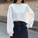 Classic crew neck solid color sweater women's clothing spring and autumn loose casual short top shoulder bubble sleeve jumper