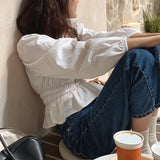 spring new fungus lace collar top women's clothing waist thin bubble sleeve design Korean version doll shirt