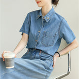 Customized fashion pure cotton denim shirt 2025 summer comfortable and versatile retro loose short-sleeved shirt