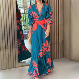 2025 popular  Autumn  Women's Fashion Button V-Neck Elegant Printed Waist Lace-up Pendulum Dress