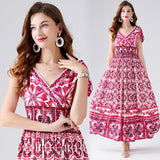 Summer New Women's Clothing Blue and White Porcelain Positioning Printing Elastic Wrap Waist Vest Long Skirt V-Neck Dress