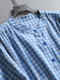 Contrasting color plaid loose silhouette lazy stand-up collar pure cotton shoulder sleeves  summer new versatile blouse X099