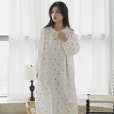 Korean new gentle tea break floral color dot pure cotton gauze nightdress skin-friendly soft and comfortable crepe long-sleeved skirt