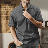 KKBOXLY 2025 Across the summer new men's washed lapel button T-shirt heavy oversize retro brown casual short sleeves