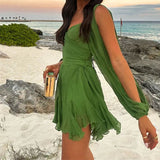 2025 women's dress Sexy Spice Girl Hollow Lantern Sleeve V-Neck Off-Shoulder Dress Women 661
